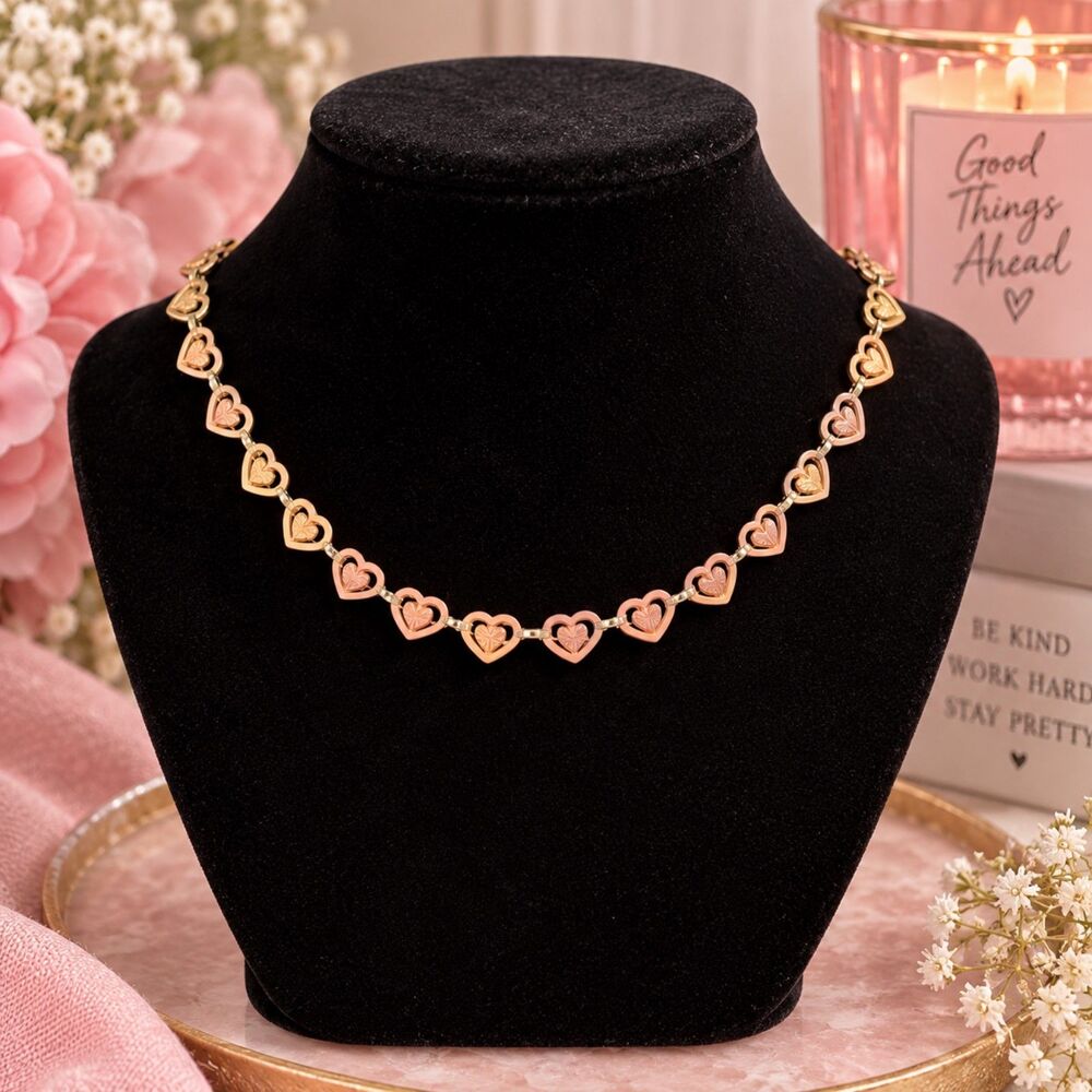 Stainless Steel Gold Tone Heart Necklace, Floral Hearts, Dainty Romantic Jewelry